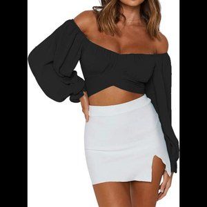 Cute Off Shoulder Long Sleeve Self Tie Knot Crop Tube Top Blouse